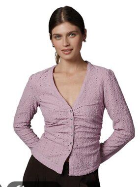 Maeve Lavender Eyelet Button-Front Knit Top size M